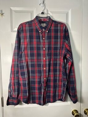 J. Crew Red and Navy Plaid Button-Down Shirt - Men's
